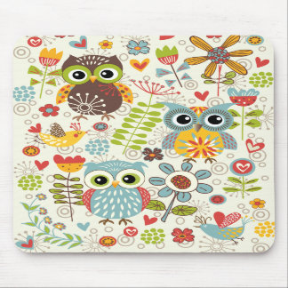 Corujas e flores coloridas Mousepad feliz