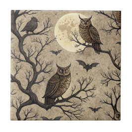 Corujas e Lua do Halloween Vintage
