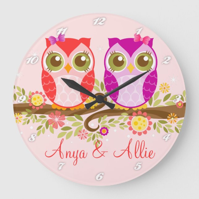 Corujas Rosa e Roxas - Relógio de Parede Personali (Frente)