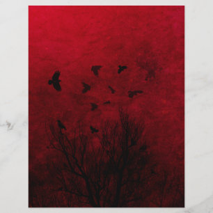Corvos em Papel de Livro de Halloween no Céu Verm