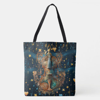 Cosmic Blue and Gold Rococo Violin Large Tote