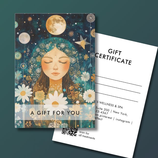 Cosmic Girl Boho Moon QR Code Gift Certificate (Cosmic Girl Boho Moon QR Code Salon Gift Certificate Green & Gold)