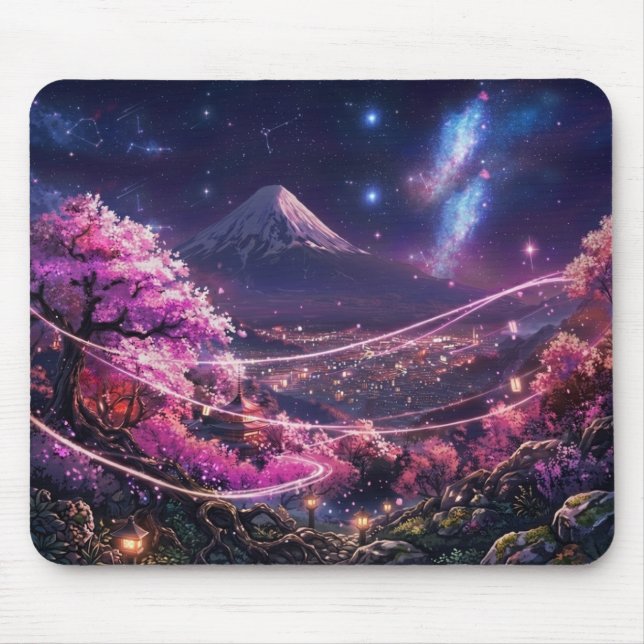 Cosmic Mount Fuji & Sakura Night Mouse Pad - Anime (Frente)