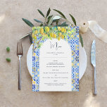 Costa Amalfi | Menu de Azulejos de limão mediterrâ<br><div class="desc">Belos cartões de cardápio para elogiar suas configurações de mesa no seu casamento ou na próxima festa de janto. Belos azulejos de aquarela, limões e verde adoram este elegante menu que é completamente personalizável. Colinas no pôr do sol, oliveiras, limoeiros e vinho branco. Esta paleta traz gráficos lindos, padrões suaves...</div>