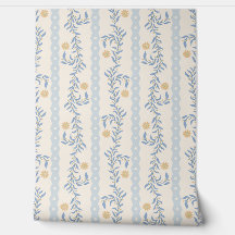 Cottagecore Subindo Listras Florais Azul e Branco