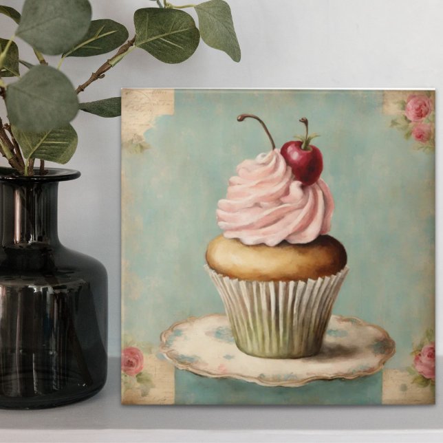 Cottagecore Vintage - Cupcake Rosa Francês (Cottagecore Vintage French Country Pink Cupcake Ceramic Tile)