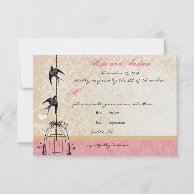 Country Coral Damask Bird Cage Weding RSVP (Frente)