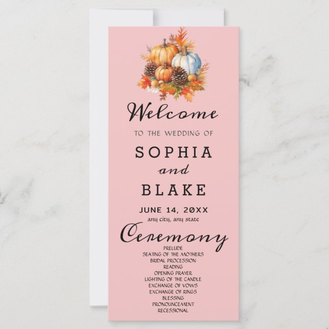 Country Pumpkins Fall Baby Pink Weding Program (Frente)