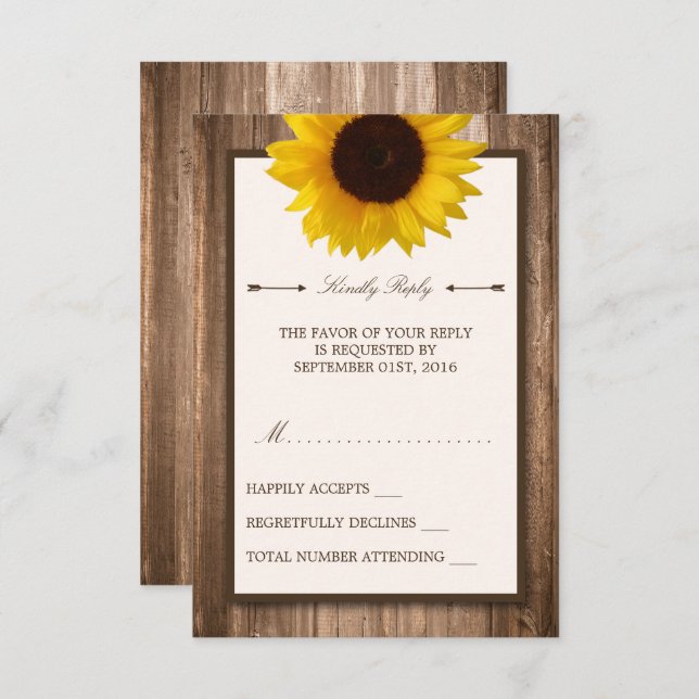 Country Rustic Sunflower & Brown Wood Weding RSVP (Frente/Verso)