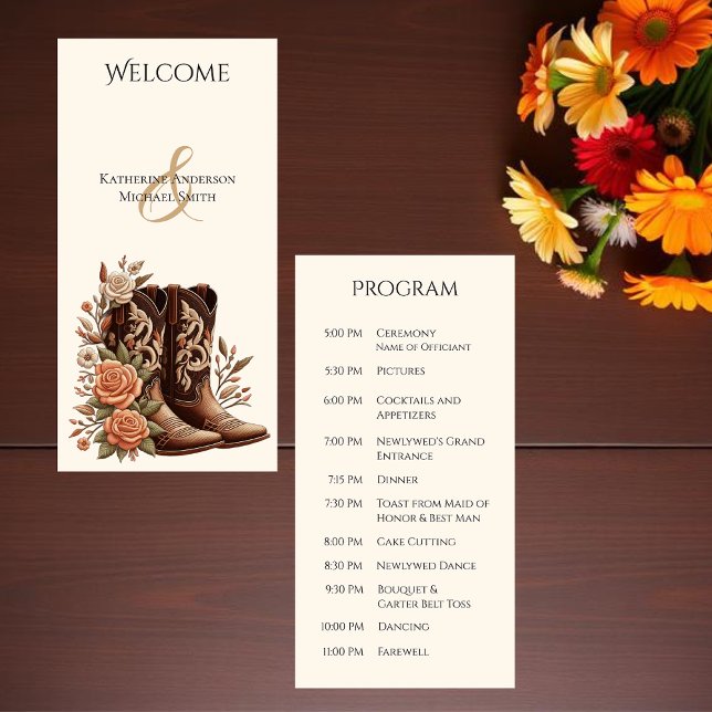 Country Western Flowers com Boots de Cowboy (Wedding Program-Country Western-Flowers with Cowboy Boots)