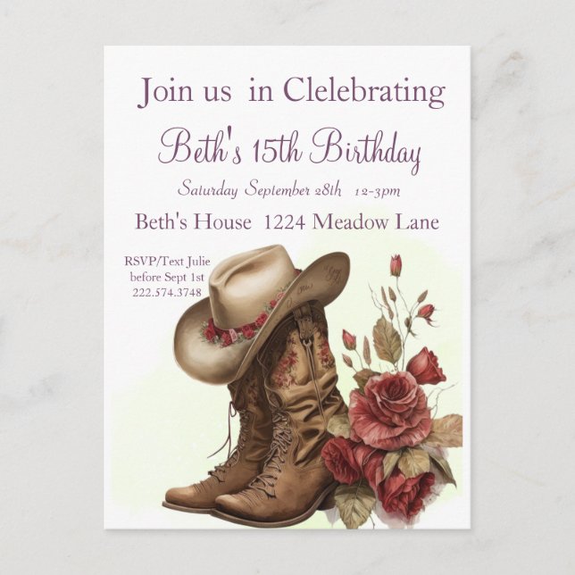 Country Western, Rosas, Convite de Aniversário de  (Frente)
