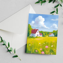 Countryside Abode Lush Green Field Watercolor Card