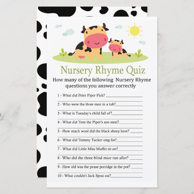 Cow Nursery Rhyme jogo de chá de fraldas do Quiz (Frente/Verso)