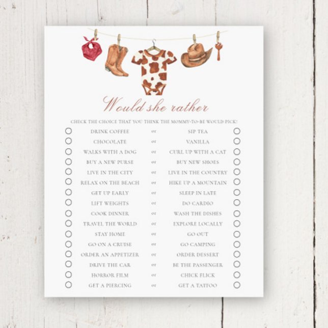 Cowboy baby shower Would she rather (Criador carregado)