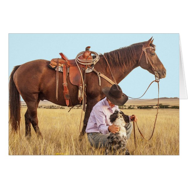 Cowboy Com Cavalo e Cartão Ocidental para Cachorro (Frente Horizontal)