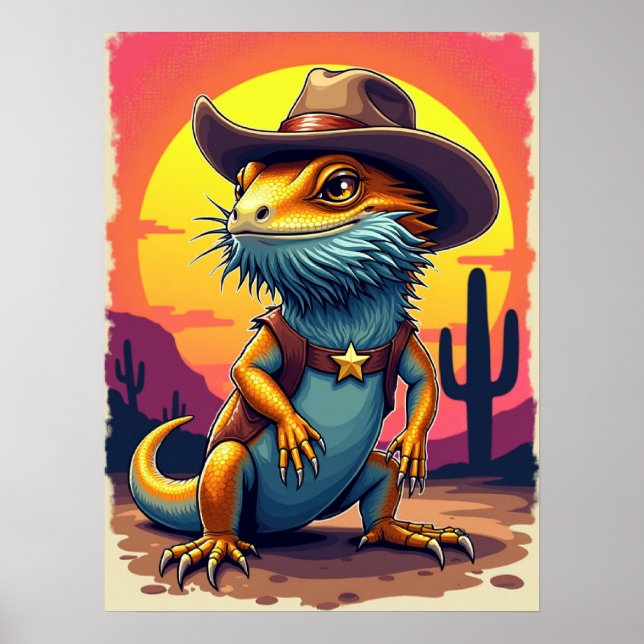 Cowboy Dragon Lizard - Poster de Fantasia Engraçad (Frente)