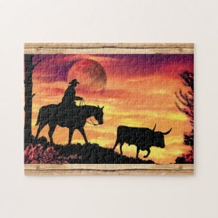 Cowboy E Longhorn Steer Quebra-cabeça