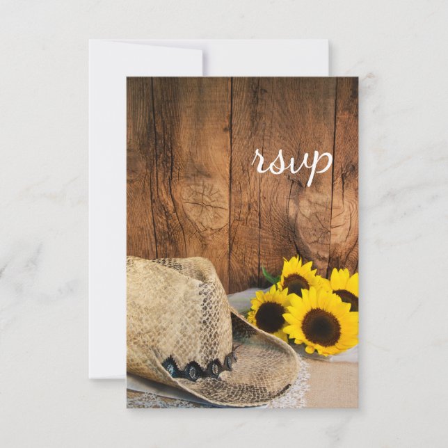 Cowboy Hat, Sunflower Barn Wood Casamento RSVP Car (Frente)