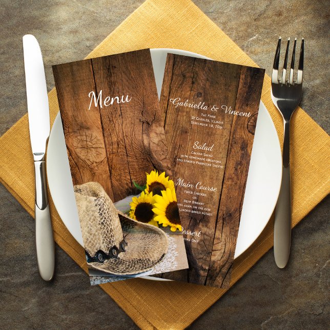 Cowboy Hat Sunflower Barn Wood Menu Casamento (Criador carregado)