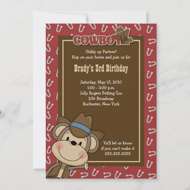 Cowboy Western Monkey 5 x 7 Convite de Aniversário (Frente)