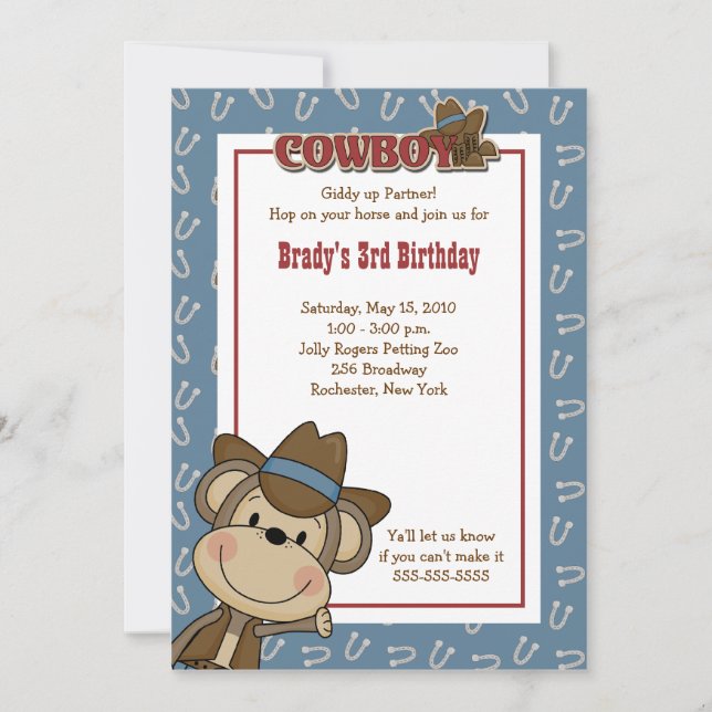 Cowboy Western Monkey 5 x 7 Convite de Aniversário (Frente)