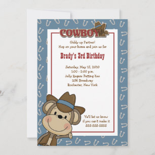 Cowboy Western Monkey 5 x 7 Convite de Aniversário