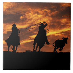 Cowboys and Horses Roping Steer