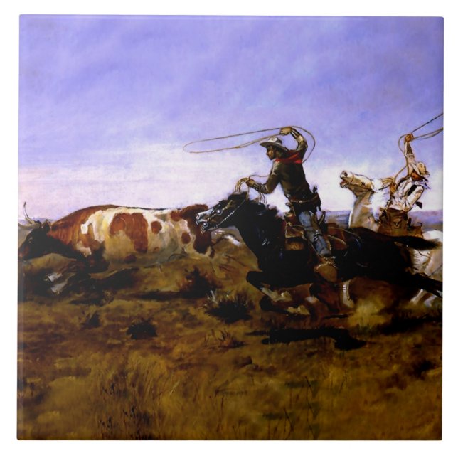 "Cowboys Roping a Steer", por Charles M Russell (Frente)