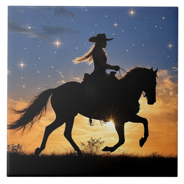 Cowgirl and Horse Sunset Fantasy Country Western (Frente)
