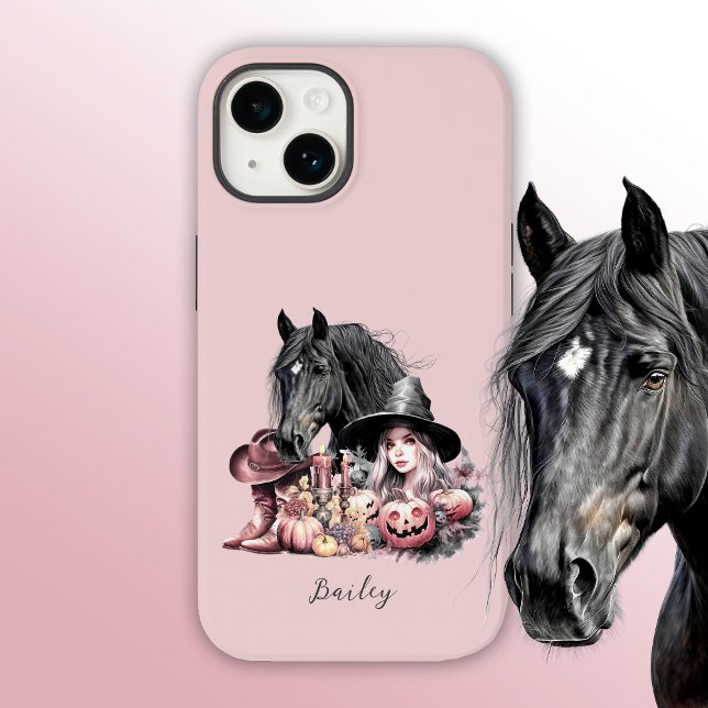Cowgirl Halloween, cavalo rosa, menina negra (Pink Halloween horse cowgirl phone case, black horse, cowboy boots, cowboy hat)