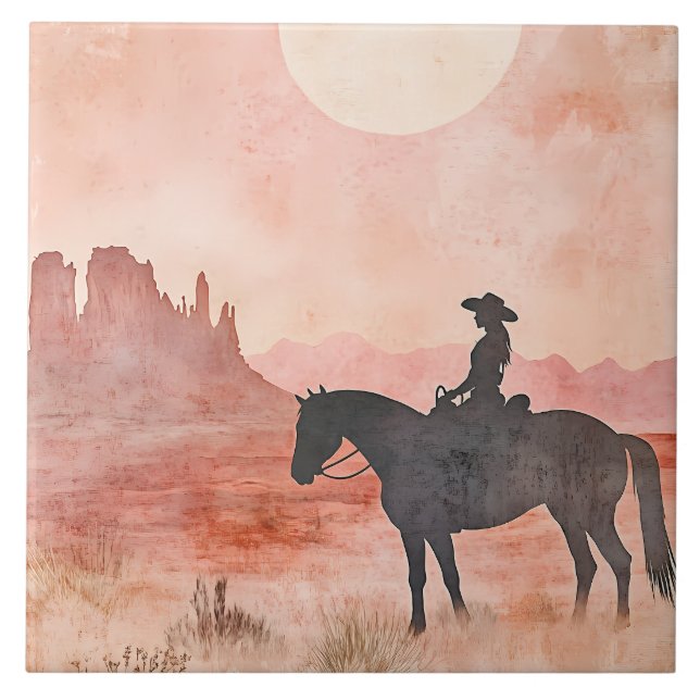 Cowgirl on Horse Southwestern Sunset Scene (Frente)