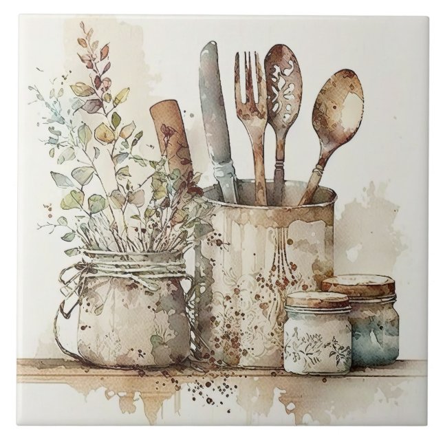 Cozinha Utensílios Aquarelas Russas Azulejo cerâmi (Frente)