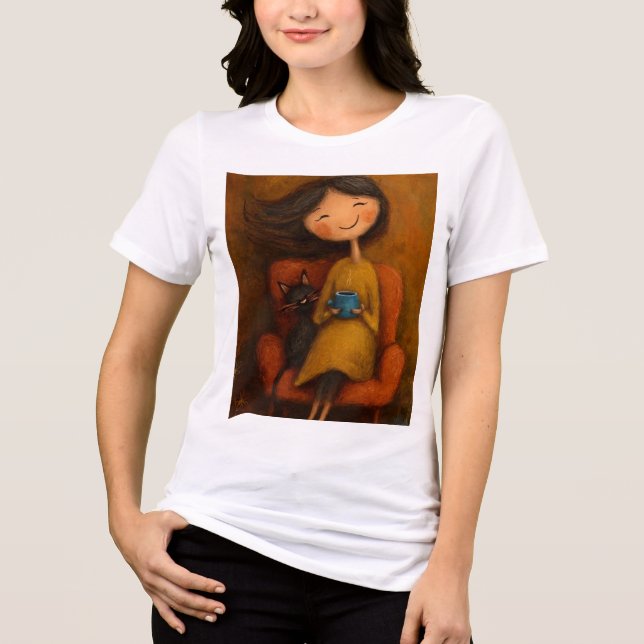 Cozy Girl with Black Cat and Coffee- Whimsical tee (Frente)