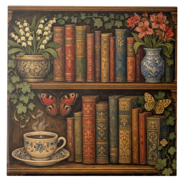 Cozy retro book shelf botanical coffee tea lover (Frente)