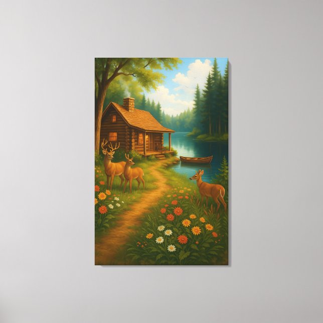 Cozy Woodland Cabin With Deer Stretched Canvas (Frente)