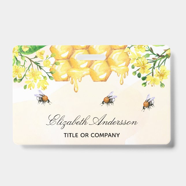 Crachá Abejas zangonas nome floral amarelo mel script (Frente)