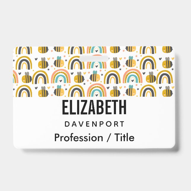 Crachá Abelhas de Bumble Cute e Rainbows Padrão (Frente)