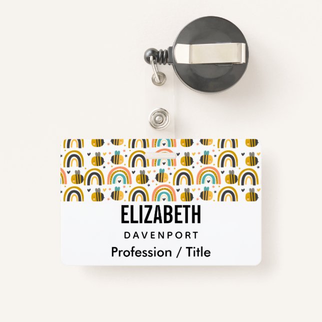 Crachá Abelhas de Bumble Cute e Rainbows Padrão (Costas com retrátil)