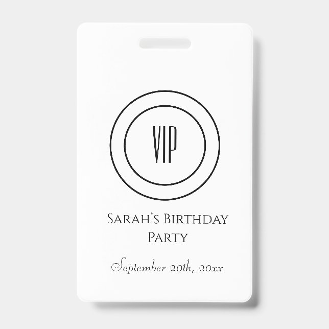 Crachá Acesso VIP à Festa de aniversário Chic branca e pr (Frente)