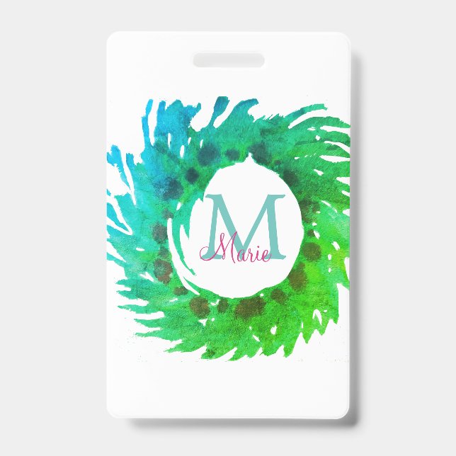 Crachá Adicionar uma coroa verde de Natal verde-rosa com  (Frente)
