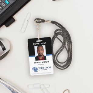 Crachá Adicione seu logotipo e ID de foto preto azul