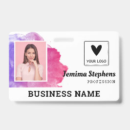 Crachá Adicione seu logotipo Violeta Rosa Aguarela Funcio