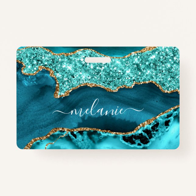 Crachá Agate Teal Blue Glitter Marble Nome Personalizado (Frente)