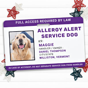 Crachá Alergia Alert Service Dog Personalized Photo ID