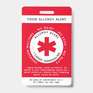 Crachá Alerta de Alergia à Comida Vermelha ID de Criança