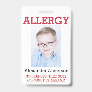 Crachá Alerta de Alergia de Crianças com Foto Personaliza
