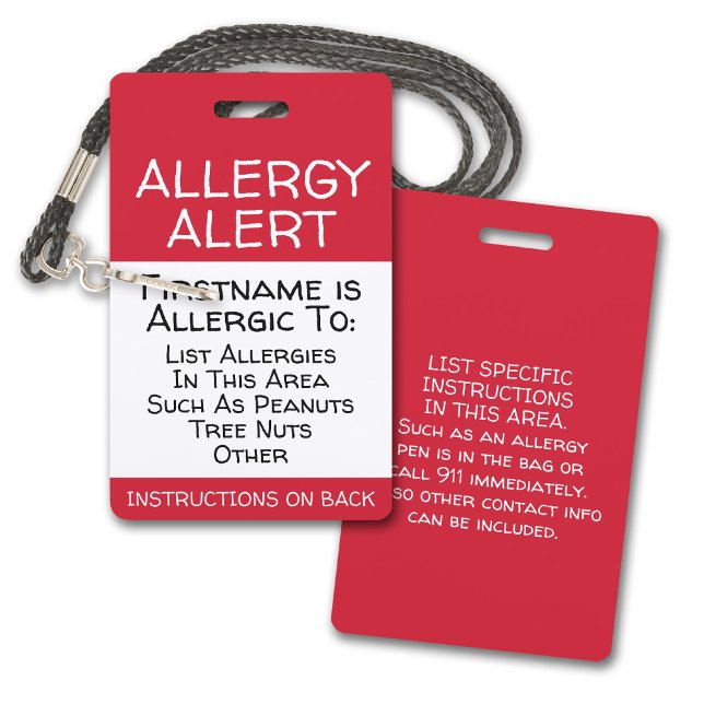Crachá Alerta de Alergia para Informações de Contato em E (Allergy Alert Plastic Badge for Lanyard - Custom Allergy Alert. Add name, allergy and instructions)