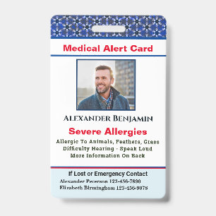 Crachá Alerta de Emergência de Alergia Médica Foto ID Per