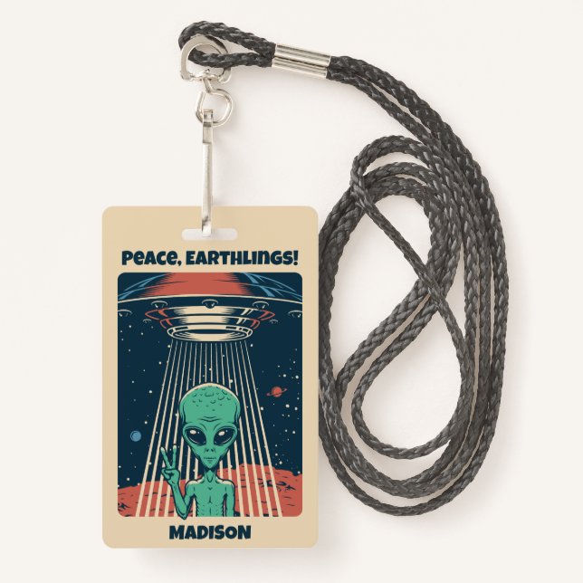 Crachá Alienígena de OVNI de Texto Personalizado (Frente com cordão)