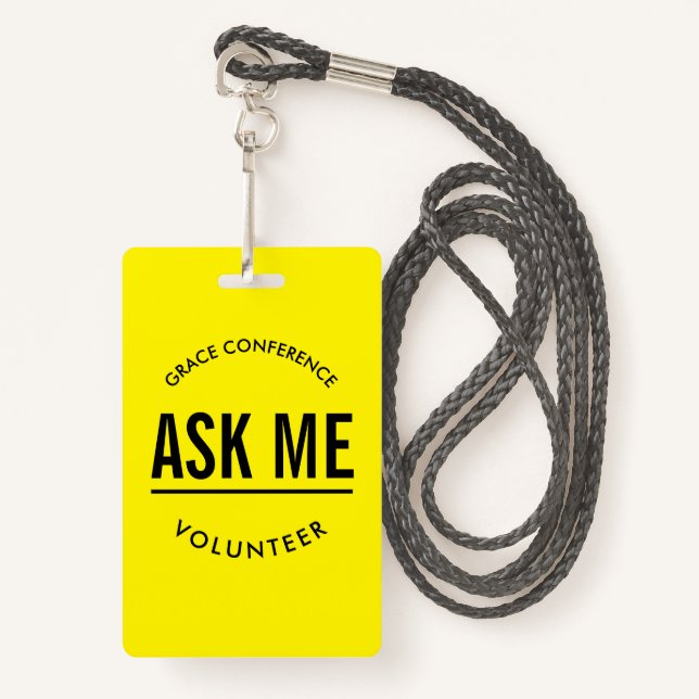 Crachá Amarelo e preto me pergunte como voluntário (Frente com cordão)